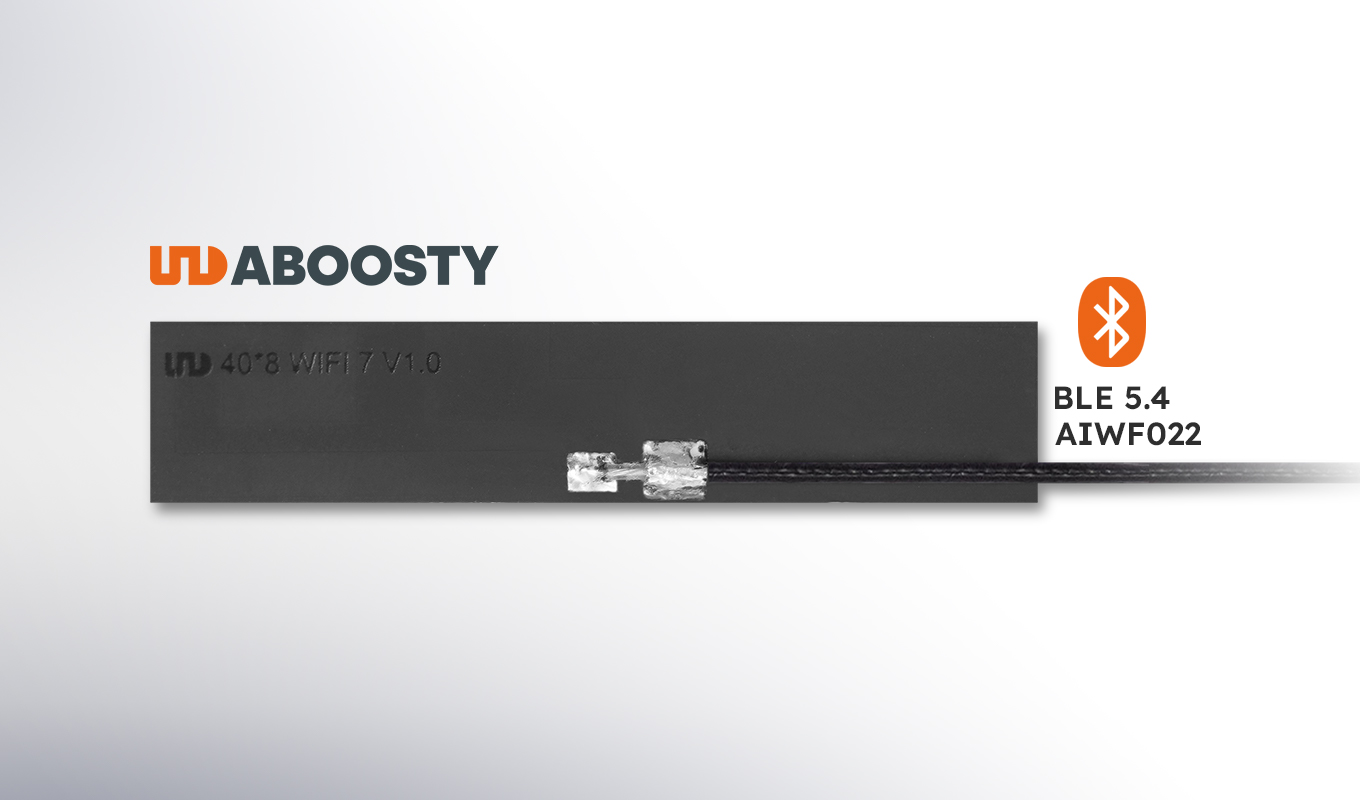 A close-up of a PCB antenna (AIWF022) with a BLE 5.4 label, highlighting the UD 408 WIFI 7 V1.0 marking and the connector