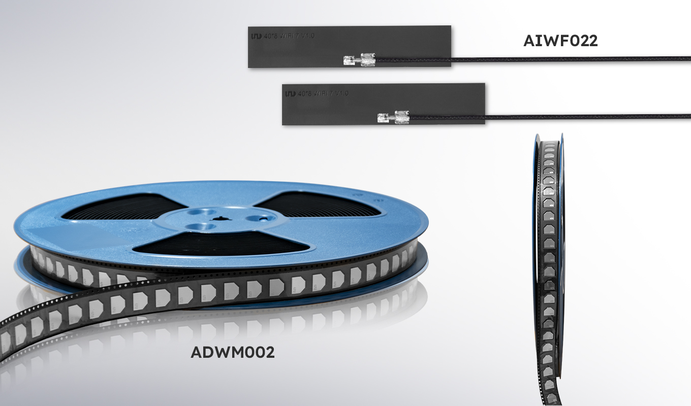 A reel of PCB antennas (ADWM002) with close-ups showcasing the antenna's design and connector