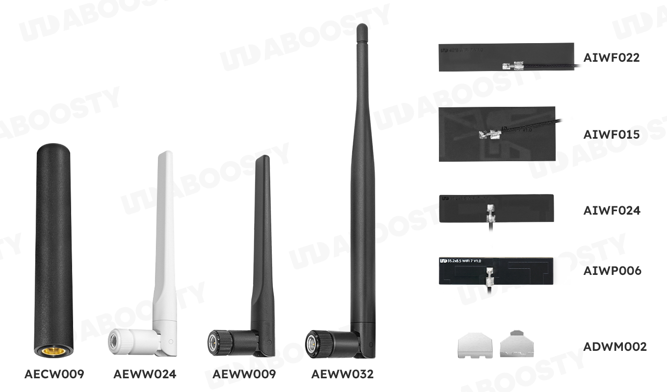 Various external wifi antennas, including swivel whip antennas and PCB antennas, with labels indicating model numbers